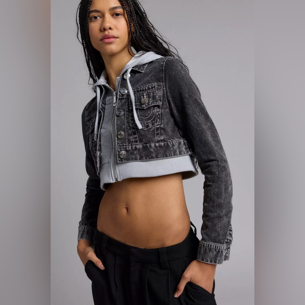 True Religion Shrunken Denim Hooded Combo Jacket - XS